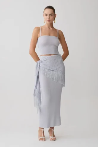Jaytee gebreide maxi-rok met franjes en strik – hemelsblauw