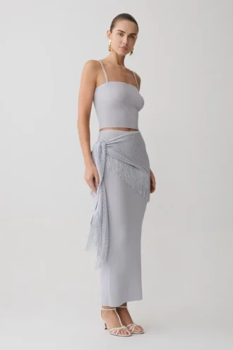 Jaytee gebreide maxi-rok met franjes en strik – hemelsblauw