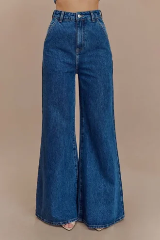 Jen wijde flare-Denim-jeans – donkerblauw