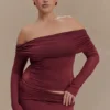 Judy Slinky en mesh off-shoulder top – Wijnrood