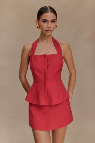 Kallie linnen peplum haltertop – Burnt Rose