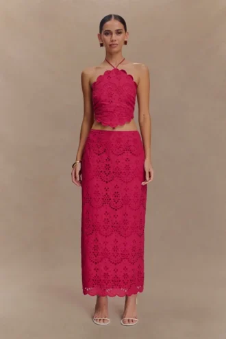 Kensley Broderie Midi-rok – Dragonfruit