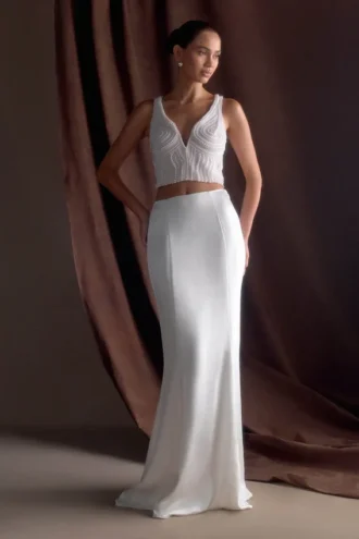 Khloe satijnen maxi-rok met vissenstaart – Wit