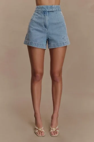 Kylee geborduurde Shorts – Middenblauw