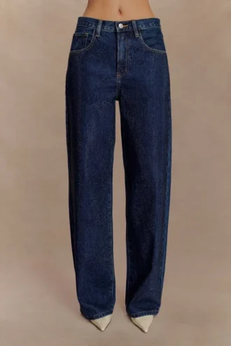 Laina Denim-jeans met middelhoge taille en strass – Middernachtblauw