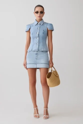 Lakoda Denim minirok met omslag – gewassen lichtblauw Lakoda Denim minirok met omslag – gewassen lichtblauw