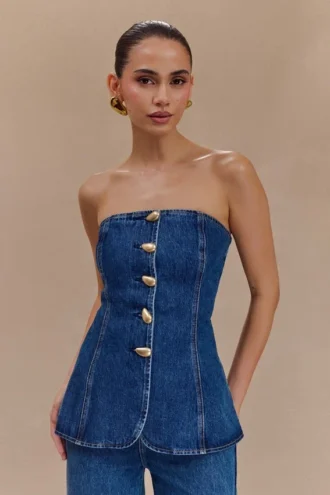 Lennox strapless lange top met knopen – donkerblauw