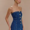 Lennox strapless lange top met knopen – donkerblauw Lennox strapless lange top met knopen – donkerblauw