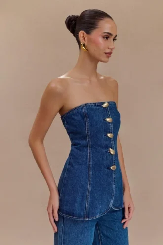 Lennox strapless lange top met knopen – donkerblauw