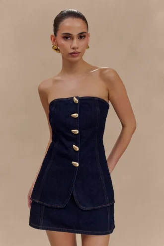 Lennox strapless lange top met knopen – Indigo Blue