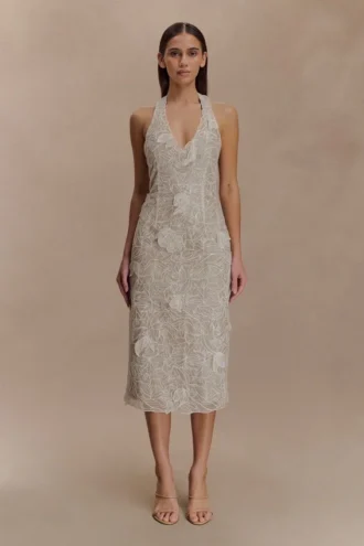 Lenore zijden kanten halter midi-jurk – ivoor