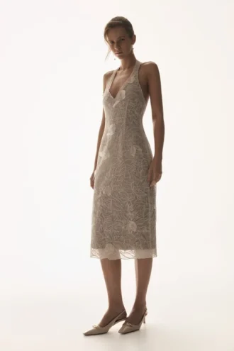 Lenore zijden kanten halter midi-jurk – ivoor