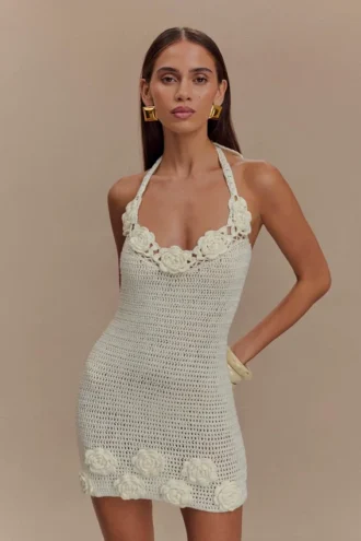 Liyah Floral handgehaakte mini-jurk – ivoor