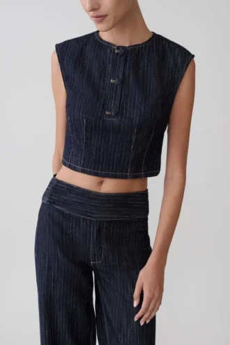 Loraine mouwloze Denim Top – Indigo Pinstripe