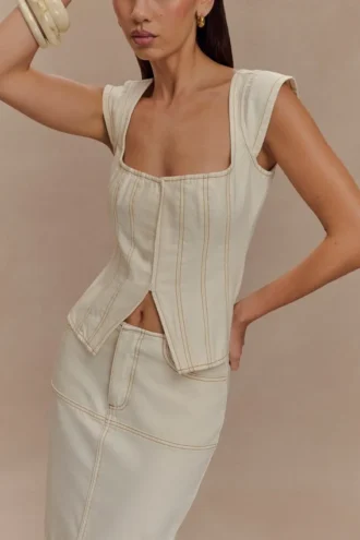 Loretta Denim Top met kapmouwtjes – Ecru
