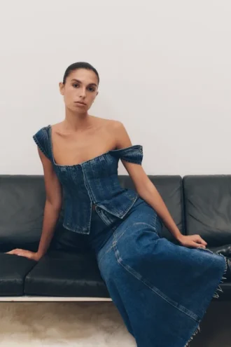 Loretta Denim Top met kapmouwtjes – gewassen donkerblauw