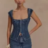 Loretta Denim Top met kapmouwtjes – gewassen donkerblauw