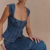 Loretta Denim Top met kapmouwtjes – gewassen donkerblauw