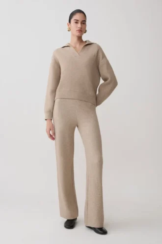 Evan gebreide broek met wijde pijpen – Beige gemêleerd