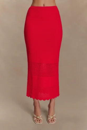 Madeline gebreide midi-rok met geschulpte rand – Rood Madeline gebreide midi-rok met geschulpte rand – Rood
