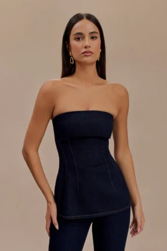 Madelyn strapless longline Denim Top – Indigoblauw