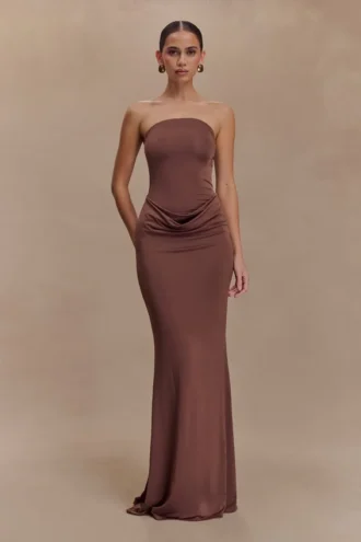 Madison strapless slinky maxi-jurk – Chocolade
