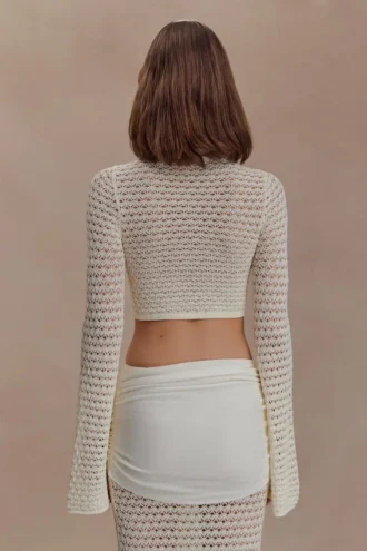 Mania gehaakte cropped top met lange mouwen – ivoor