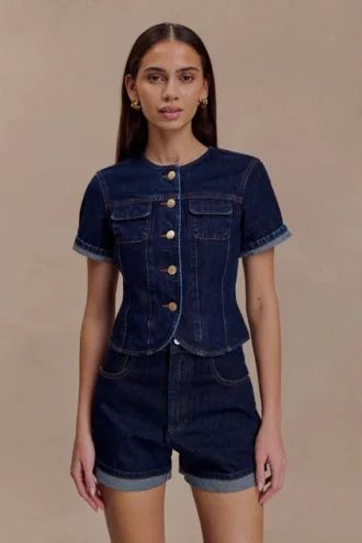 Marge getailleerde Denim-top met korte mouwen – Indigo Blue