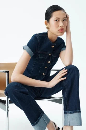 Marge getailleerde Denim-top met korte mouwen – Indigo Blue
