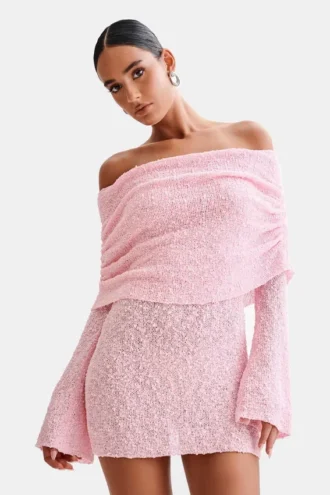 Marisol off-shoulder bouclé mini-jurk – babyroze