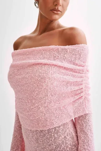 Marisol off-shoulder bouclé mini-jurk – babyroze