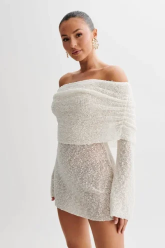 Marisol off-shoulder bouclé mini-jurk – ivoor