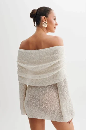Marisol off-shoulder bouclé mini-jurk – ivoor