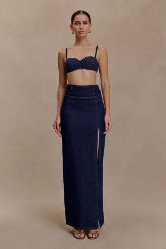 Maylena Denim maxi-rok met hoge taille – Indigoblauw