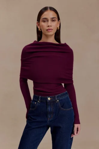 Mazie Asymmetrische gebreide top met lange mouwen van kasjmiermix – Pruim