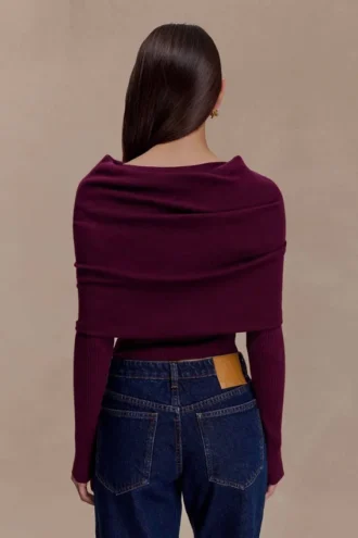 Mazie Asymmetrische gebreide top met lange mouwen van kasjmiermix – Pruim