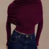 Mazie Asymmetrische gebreide top met lange mouwen van kasjmiermix – Pruim