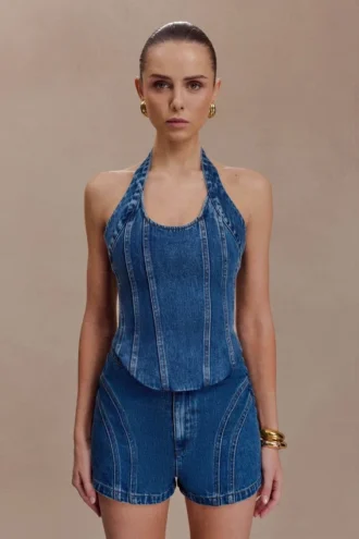Meadow Denim Corset Haltertop – Donkerblauw