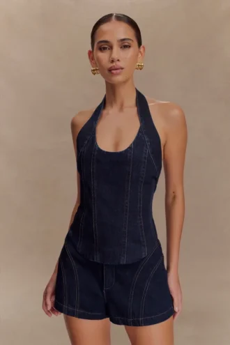 Meadow Denim Corset Haltertop – Indigoblauw