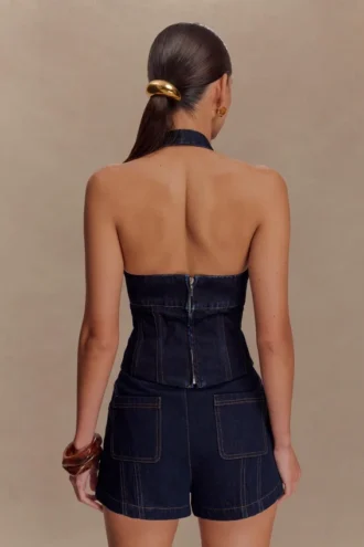 Meadow Denim Corset Haltertop – Indigoblauw
