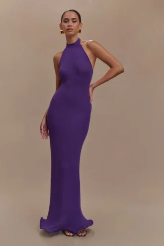 Melodie halter maxi-jurk van gebreid materiaal – paars