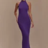 Melodie halter maxi-jurk van gebreid materiaal – paars Melodie halter maxi-jurk van gebreid materiaal – paars