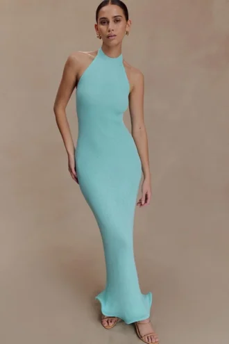 Melodie haltertop maxi-jurk van gebreid materiaal – Cyaanblauw