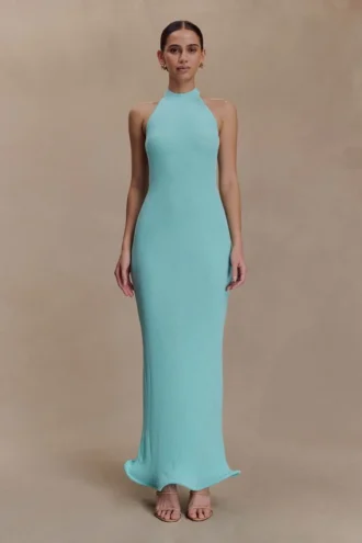 Melodie haltertop maxi-jurk van gebreid materiaal – Cyaanblauw