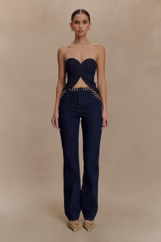 Meryl Denim-jeans met vetersluiting – Indigoblauw