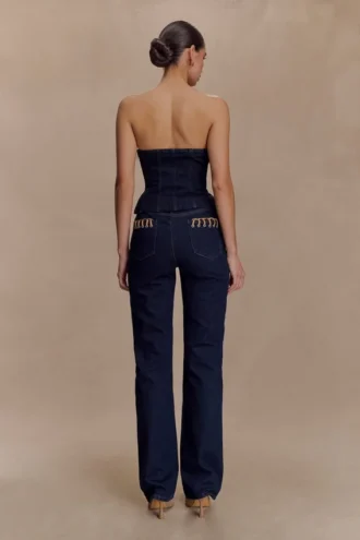 Meryl Denim-jeans met vetersluiting – Indigoblauw