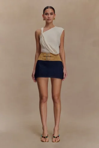 Miranda Denim mini-rok met riem van imitatiesuède – Indigoblauw