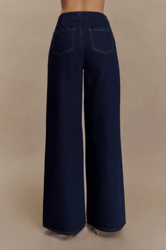 Miranda faux suède Denim jeans met brede pijpen en riem – Indigo Blue