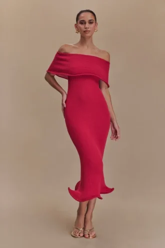 Molly off-shoulder gebreide midi-jurk – Framboos