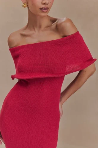 Molly off-shoulder gebreide midi-jurk – Framboos
